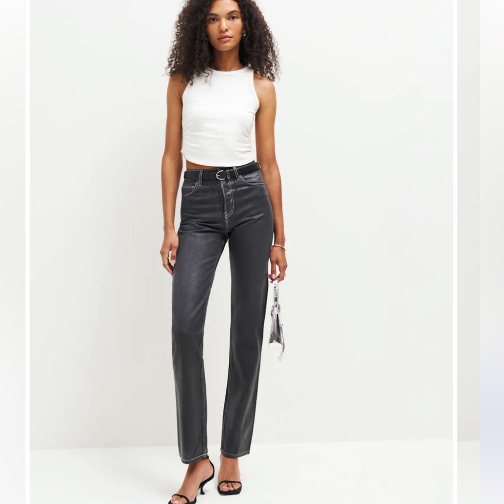 REFORMATION Cynthia High Rise Straight Jeans‎ In Glossy Black